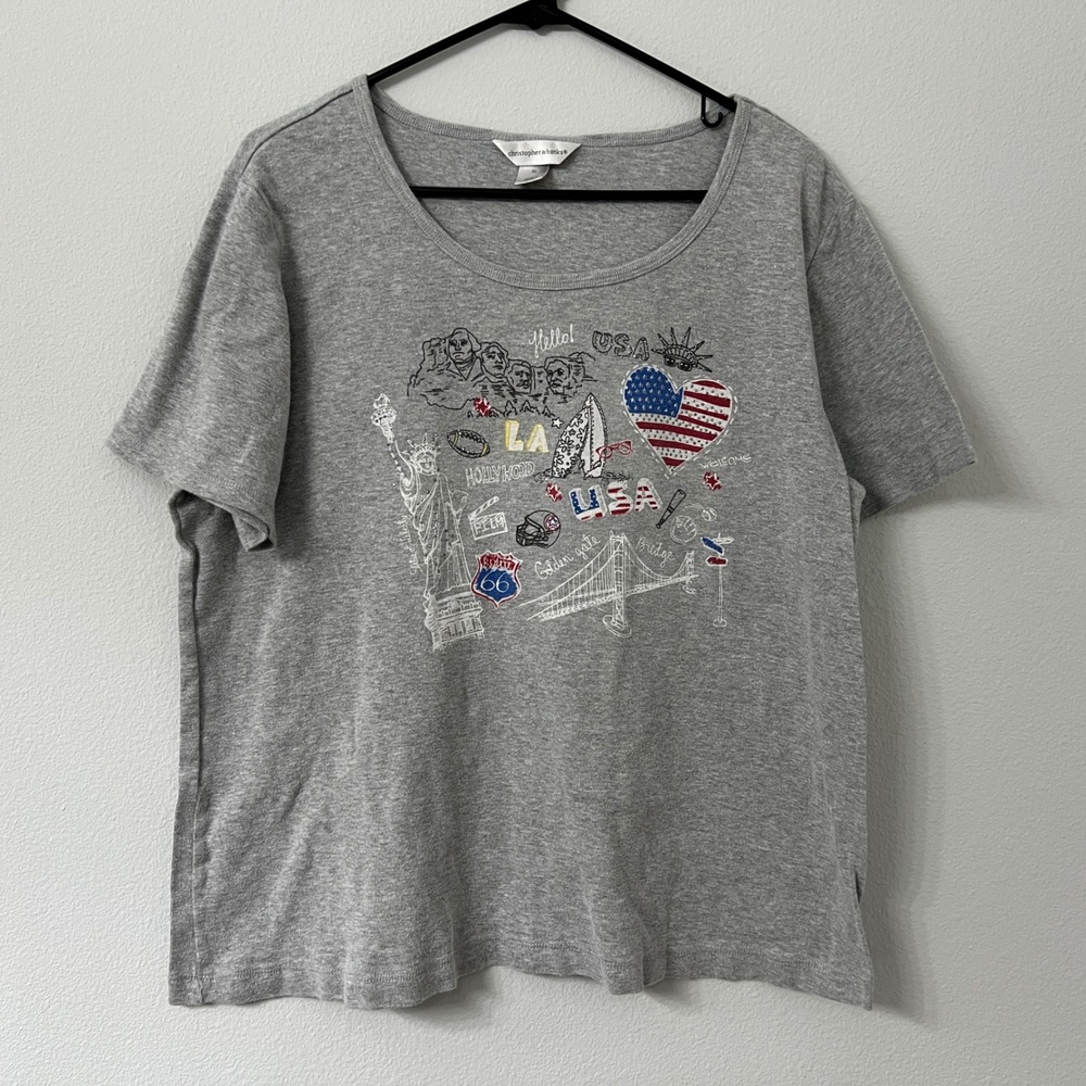 Christopher & Banks Womens XL Gray USA Landmarks Graphic Rhinestone T Shirt